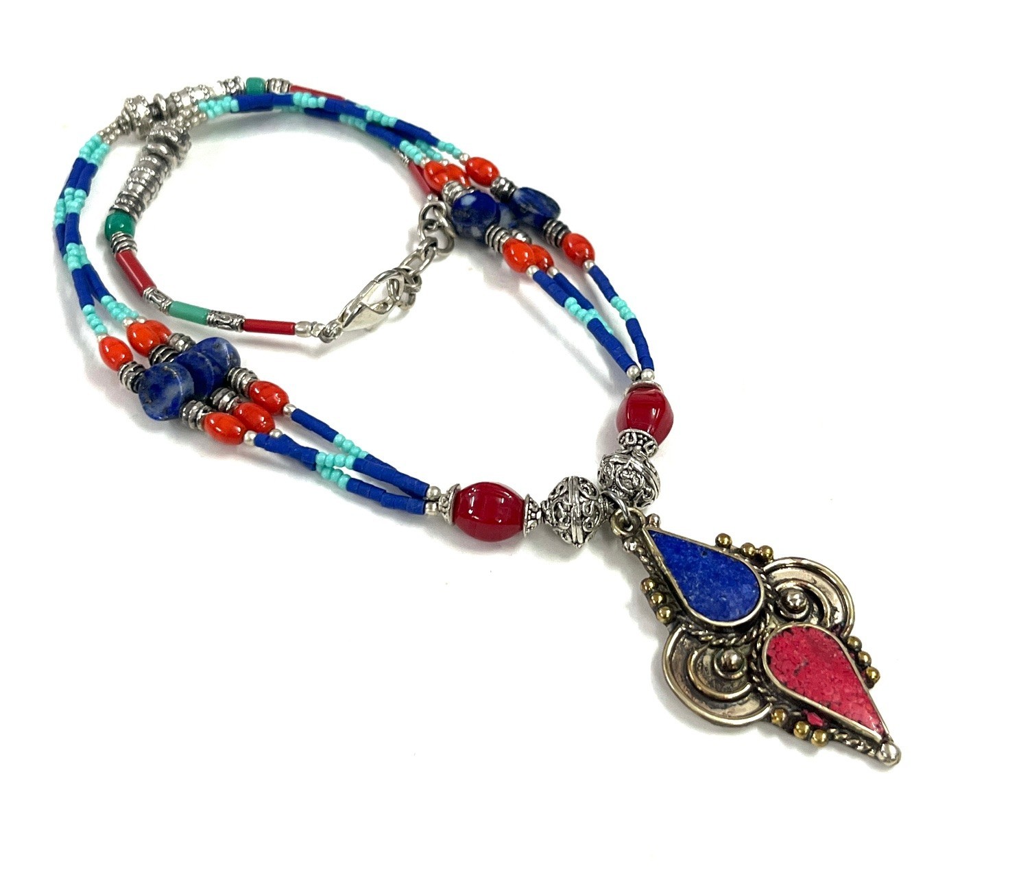 Antique Lapis Coral Gemstone Tibetan Statement Necklace Jewelry, 17 inch Adj