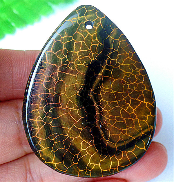 47x37x7mm Yellow&Black Fire Dragon Veins Agate Teardrop Pendant Bead BY9153