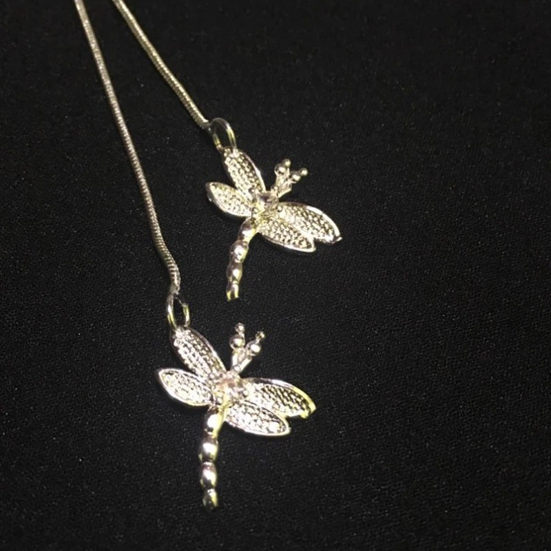 DOTEFFIL 925 Silver Double Dragonfly Necklace Women Wedding Engagement Gift