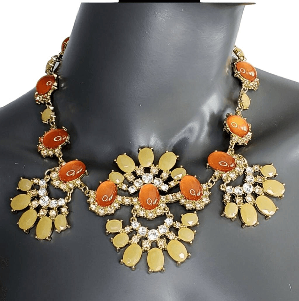 Talbots Moonstone Cabochon Necklace Lemon Orange Rhinestone Gold Setting Retired