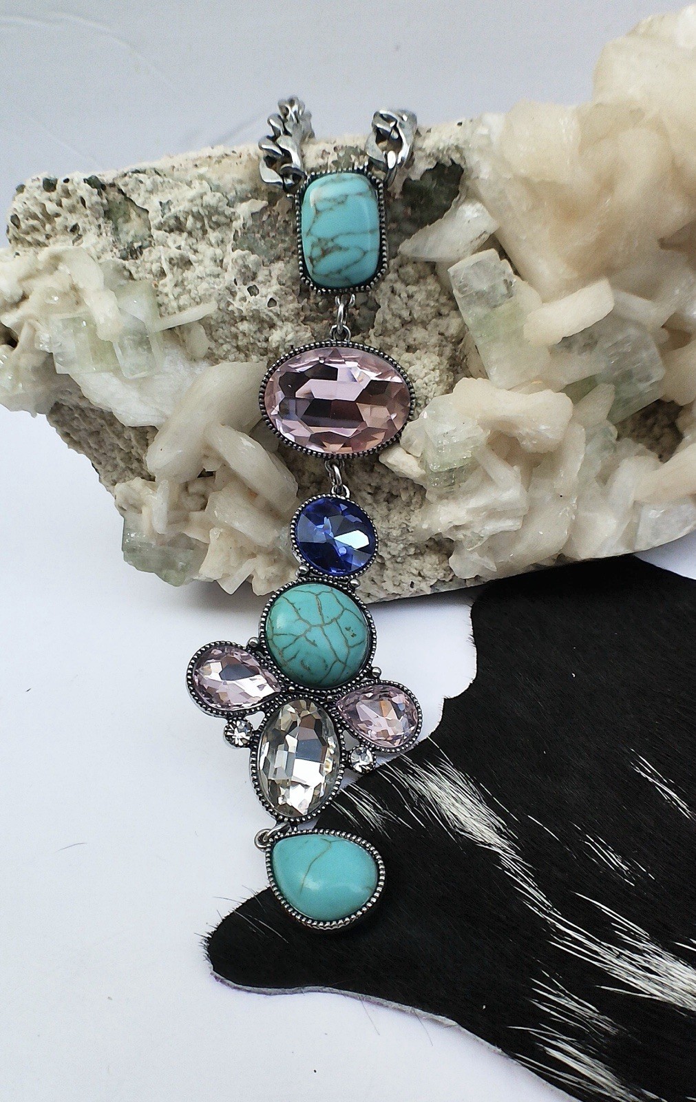 Western Statement Necklace Imitation Turquoise Pink Crystal Curb Chain Drop