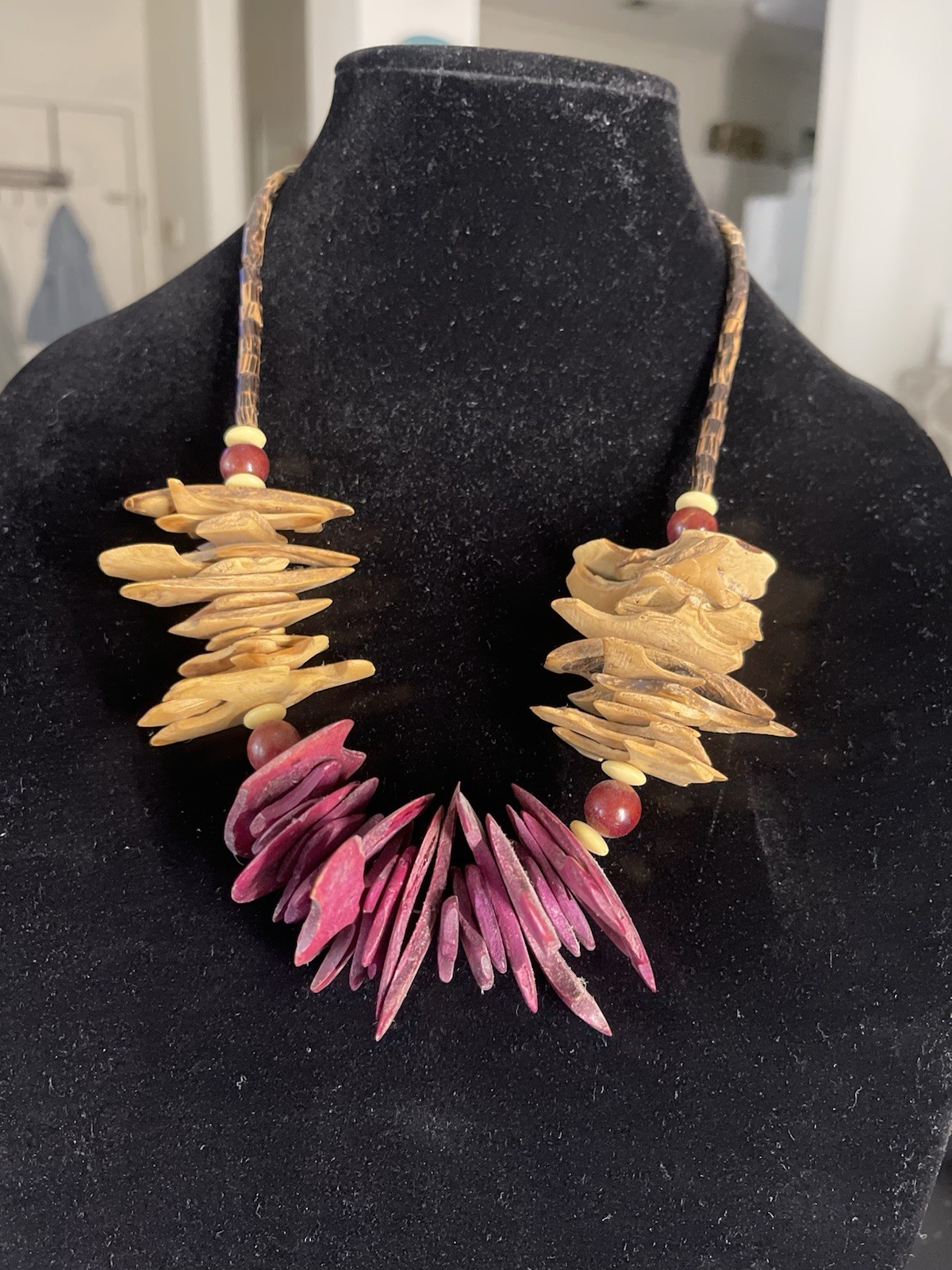 Statement Bohemian Beaded Necklace Brown Cord Gold & Purple Wood Chip Beads