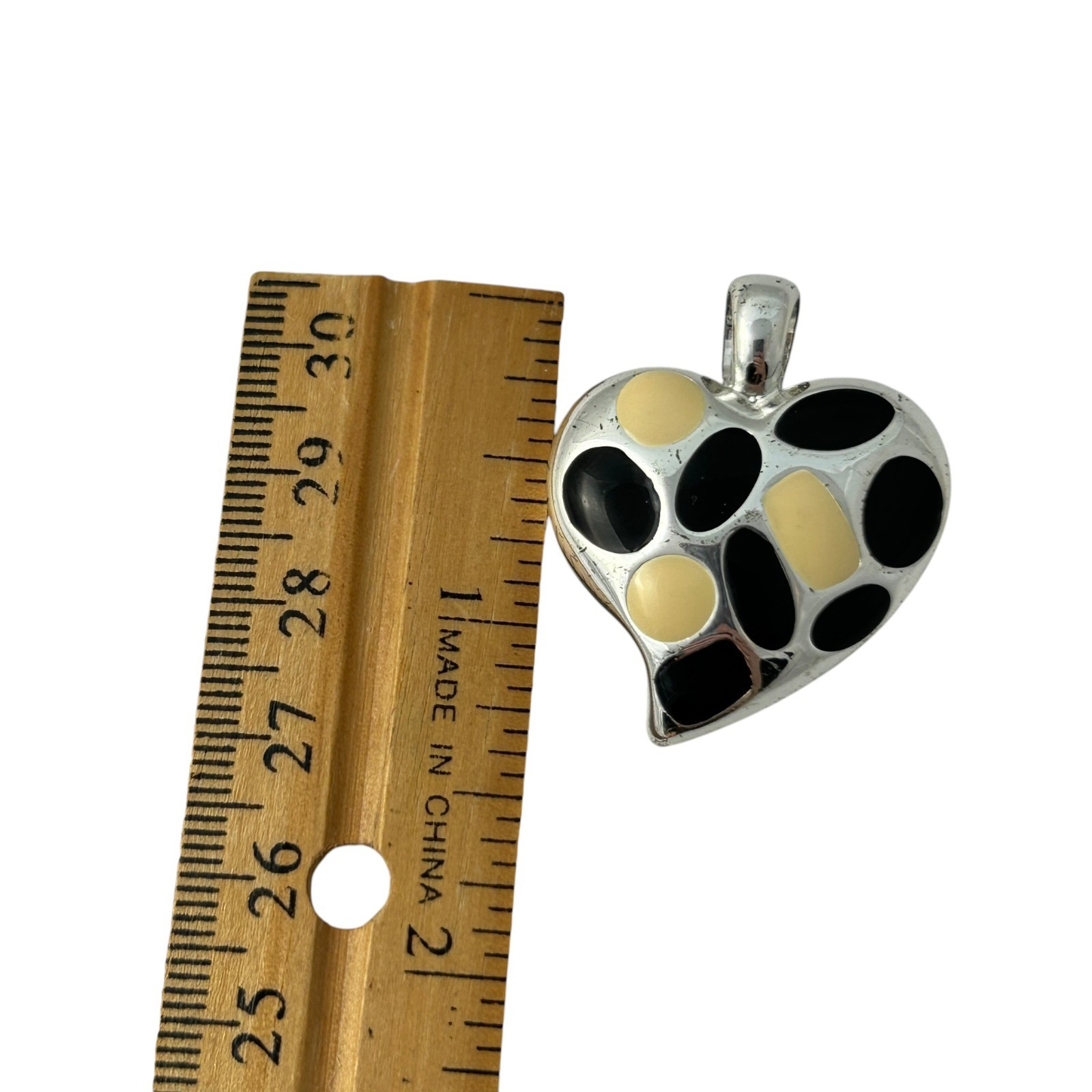 Silver Tone Heart Pendant Black Yellow Enamel Abstract Modern Charm