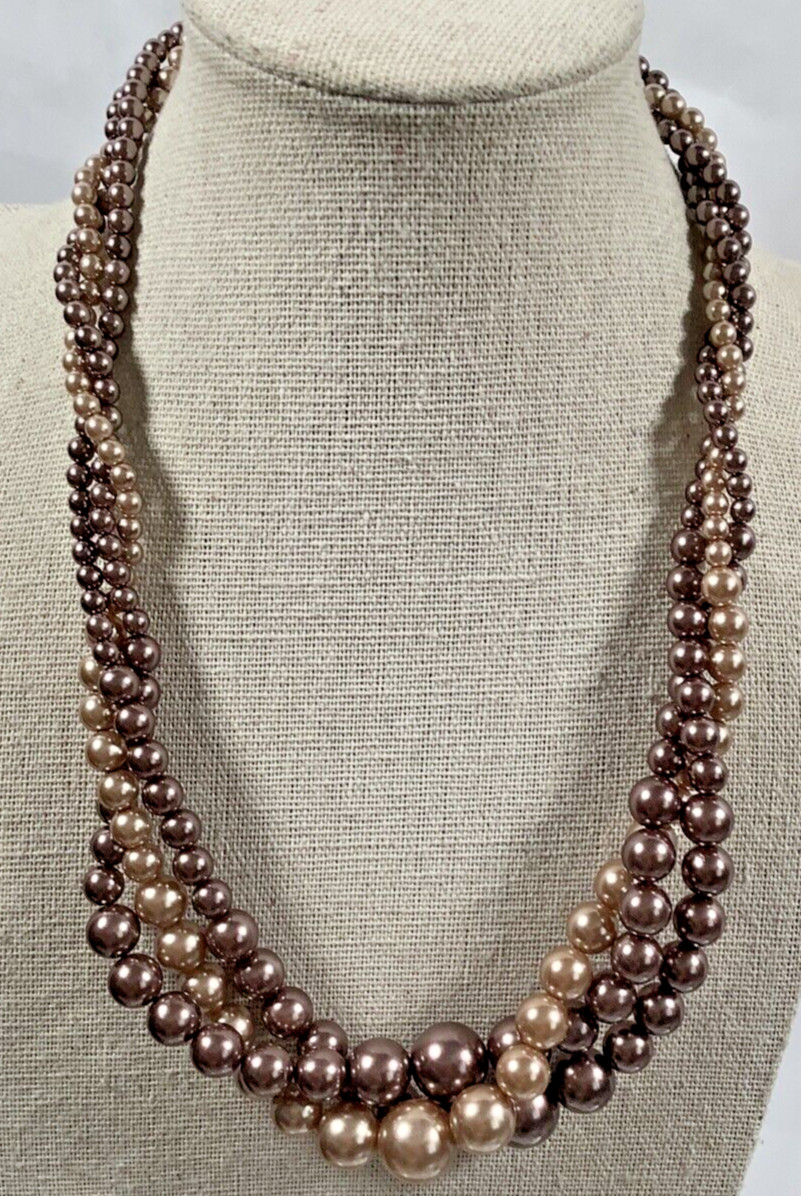 Roman RMN Bronze Champagne Faux Pearl Twisted Multi Strand Beaded Necklace 17″