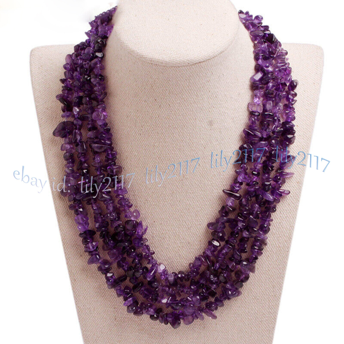 4Row Natural Gemstone Chip Cluster Statement Beads Multi-Strand Necklace 17-20”