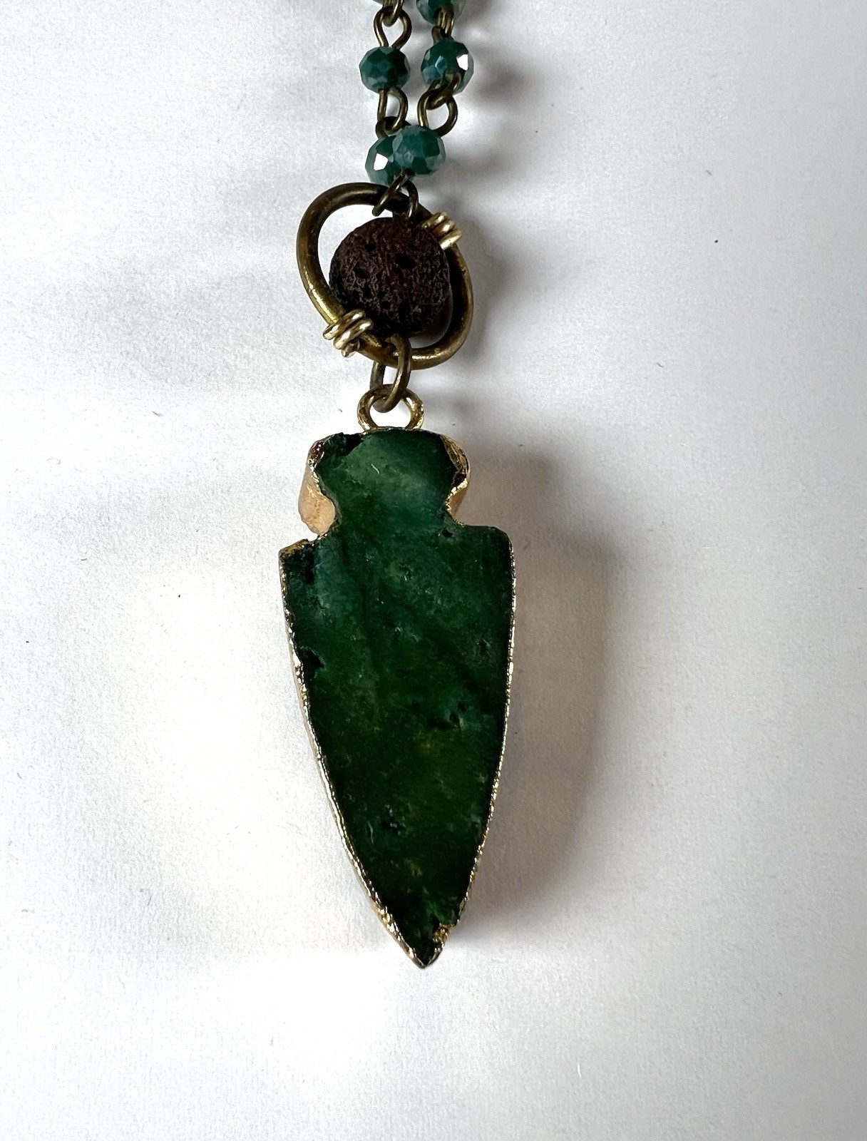Green Druzy Arrowhead Shaped Pendant Necklace Lava Rock & Beaded Chain