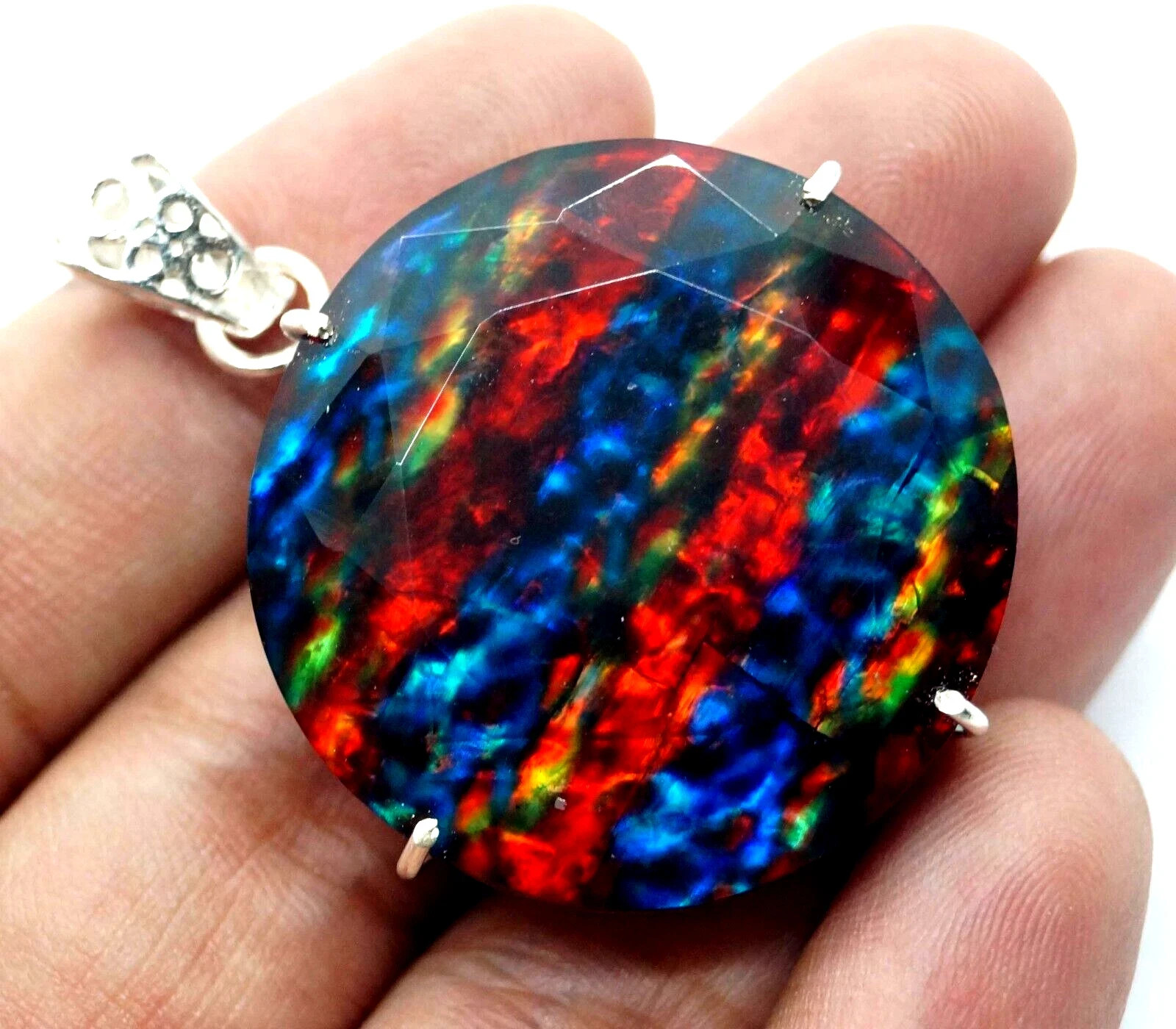 50 CT+ Amazing Fire Ammolite Pendant 925 Sterling Silver Plated Jewelry For Gift