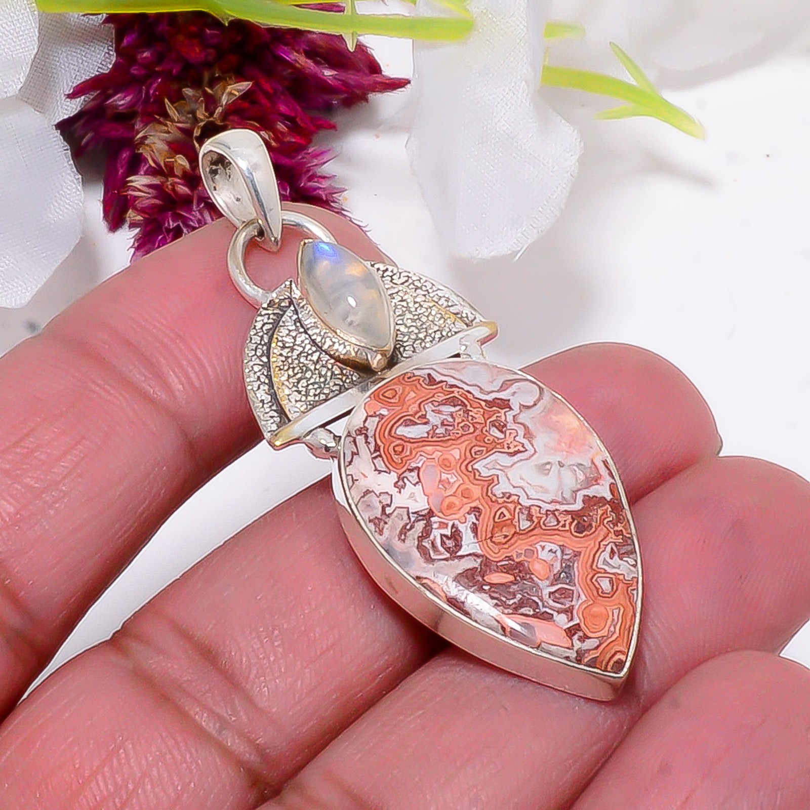 Rosetta Jasper – United State, Rainbow Moonstone 925 Silver Pendant 2.15″ Sku5