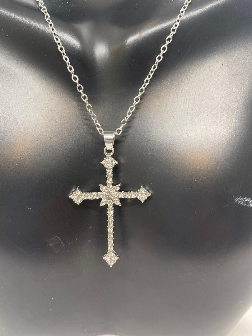 Cross elegant necklace pendant simulated diamonds size 40mm by 26mm