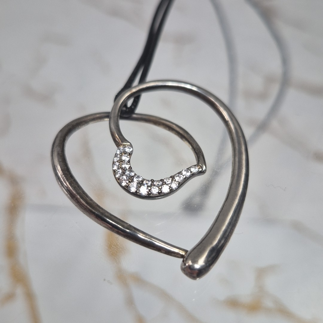 Modern Folli Follie Sterling Silver 925 Double Open Heart Black Leather Necklace