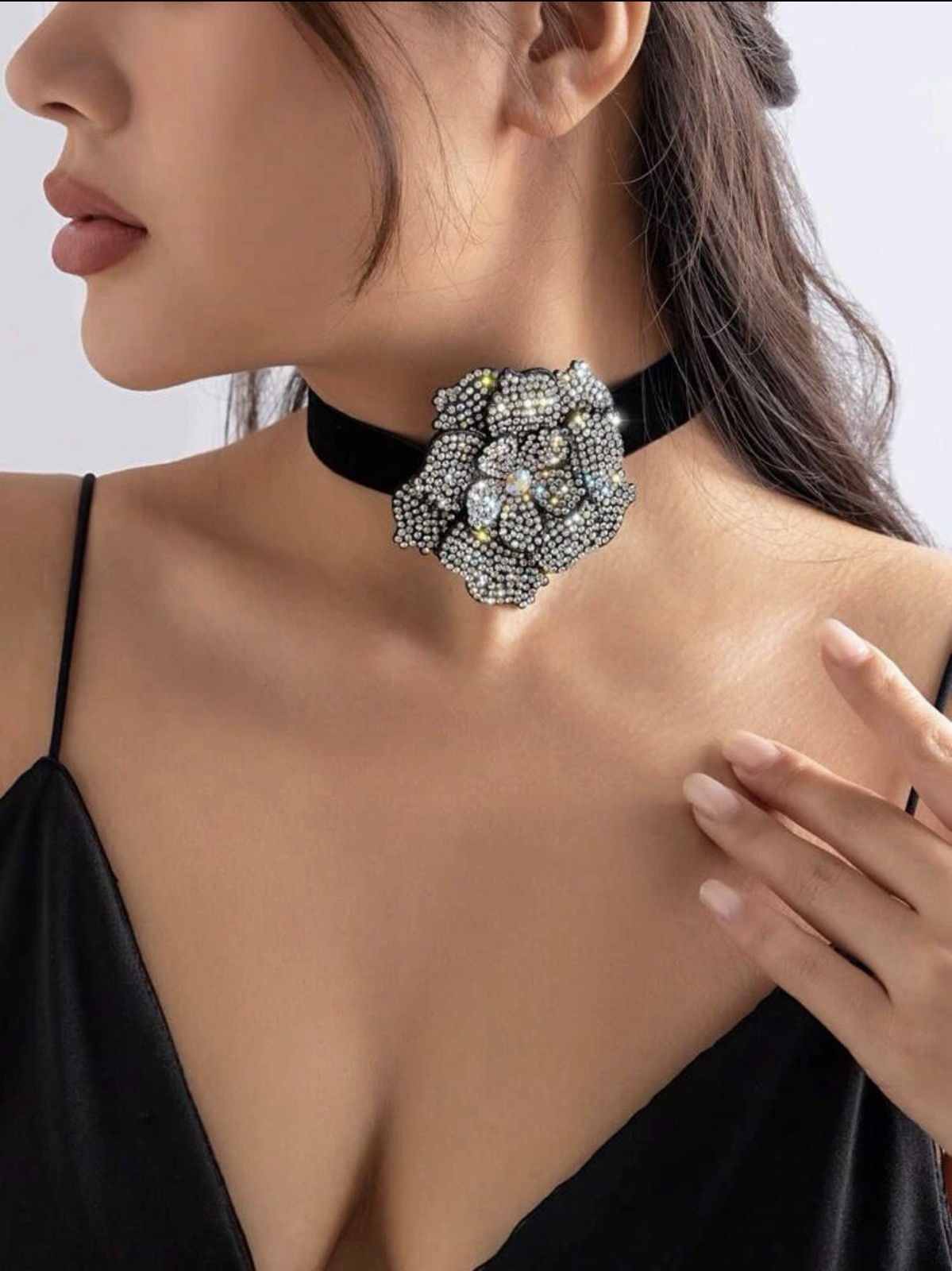 Black Velvet Choker Necklace with Flower Rhinestone Pendant, 12-18in, 6.5cm