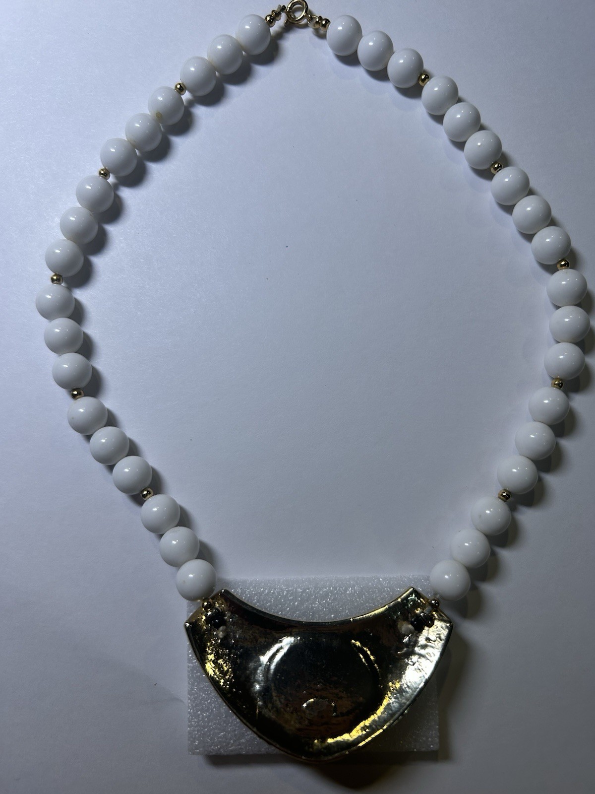 White Plastic Beaded Ball Chain Necklace Gold Tone Crescent Charm Pendant Stone