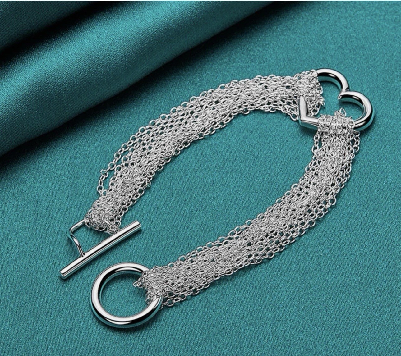 .925 Sterling Silver Multi-Thin 17.5 in Necklace Heart 8” Bracelet Wht GdToggle