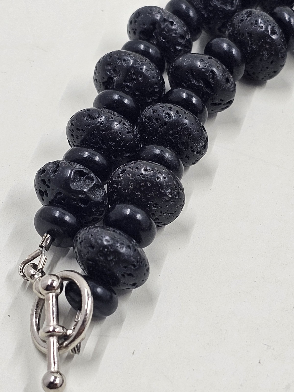 Black Lava Rock Bead Necklace Silver Accent Beads Large Pendant 20″ Statement