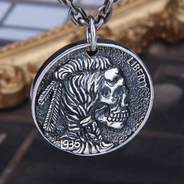 Indian Skull Head Buffalo Koi 1936 Coin Double Sided Pendant 925 Sterling Silver
