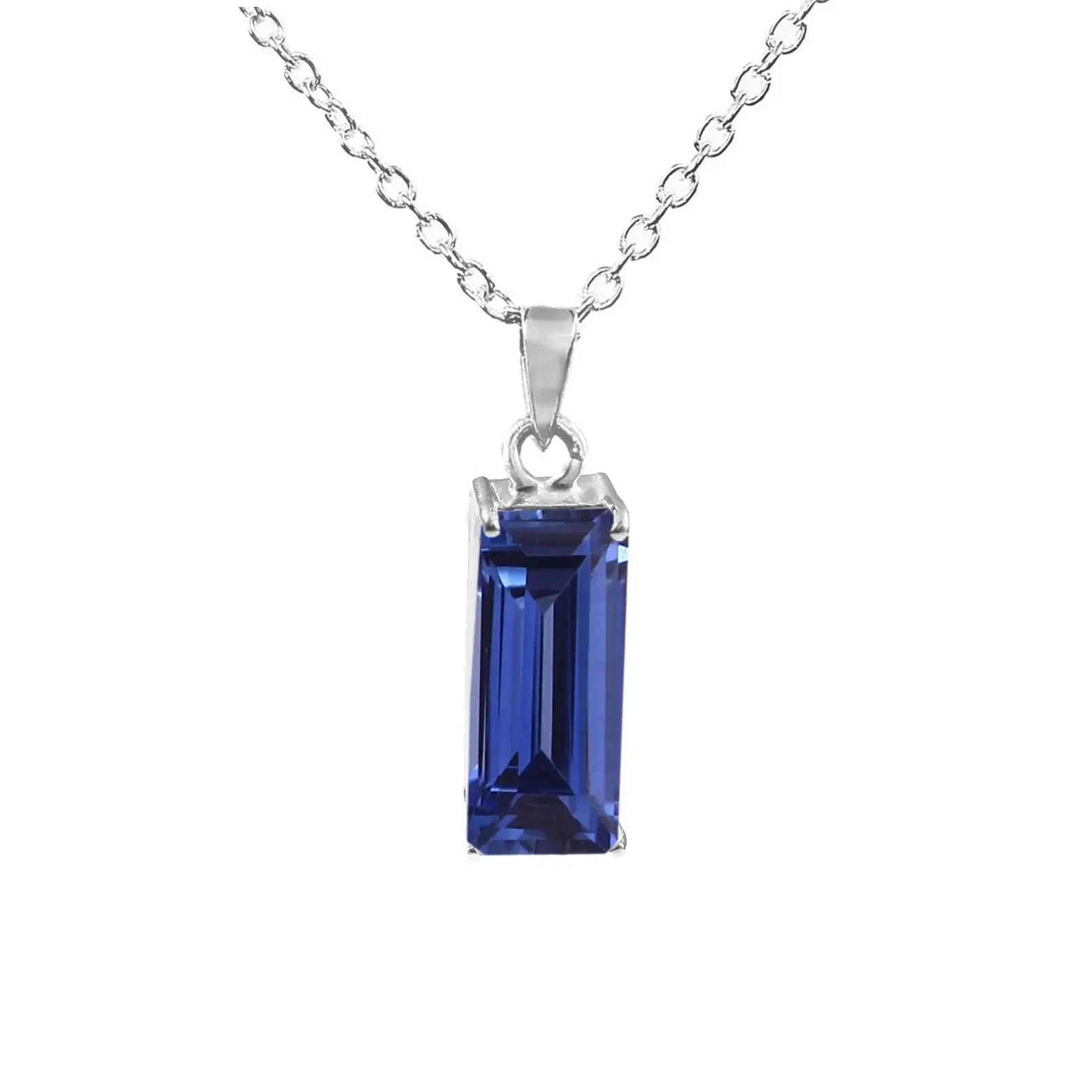 AA Flawless Ceylon Blue Sapphire Baguette Pendant:Sterling Silver Charm 20×8 mm