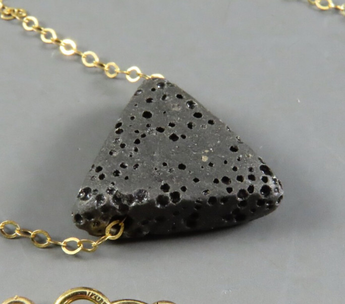 14K GF GOLD FILLED Chain Necklace BLACK TRIANGLE LAVA ROCK PENDANT Oil Diffuser