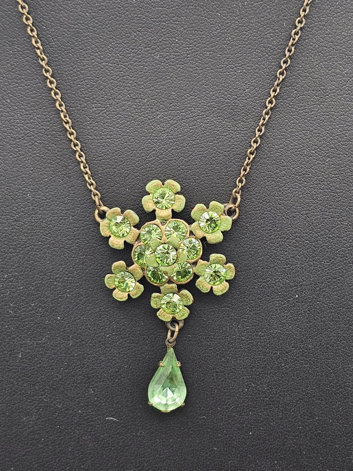 Signed Michal Negrin Peridot Green Swarovski Crystal Floral Necklace Bronze Tone