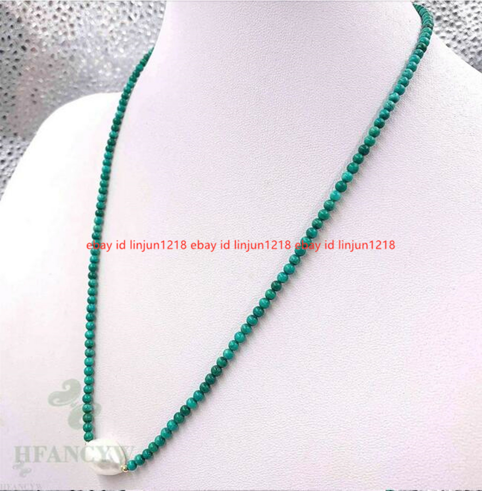 Natural 4mm Blue Turquoise Round Gems Beads & 7-8mm White Pearl Necklace 18″