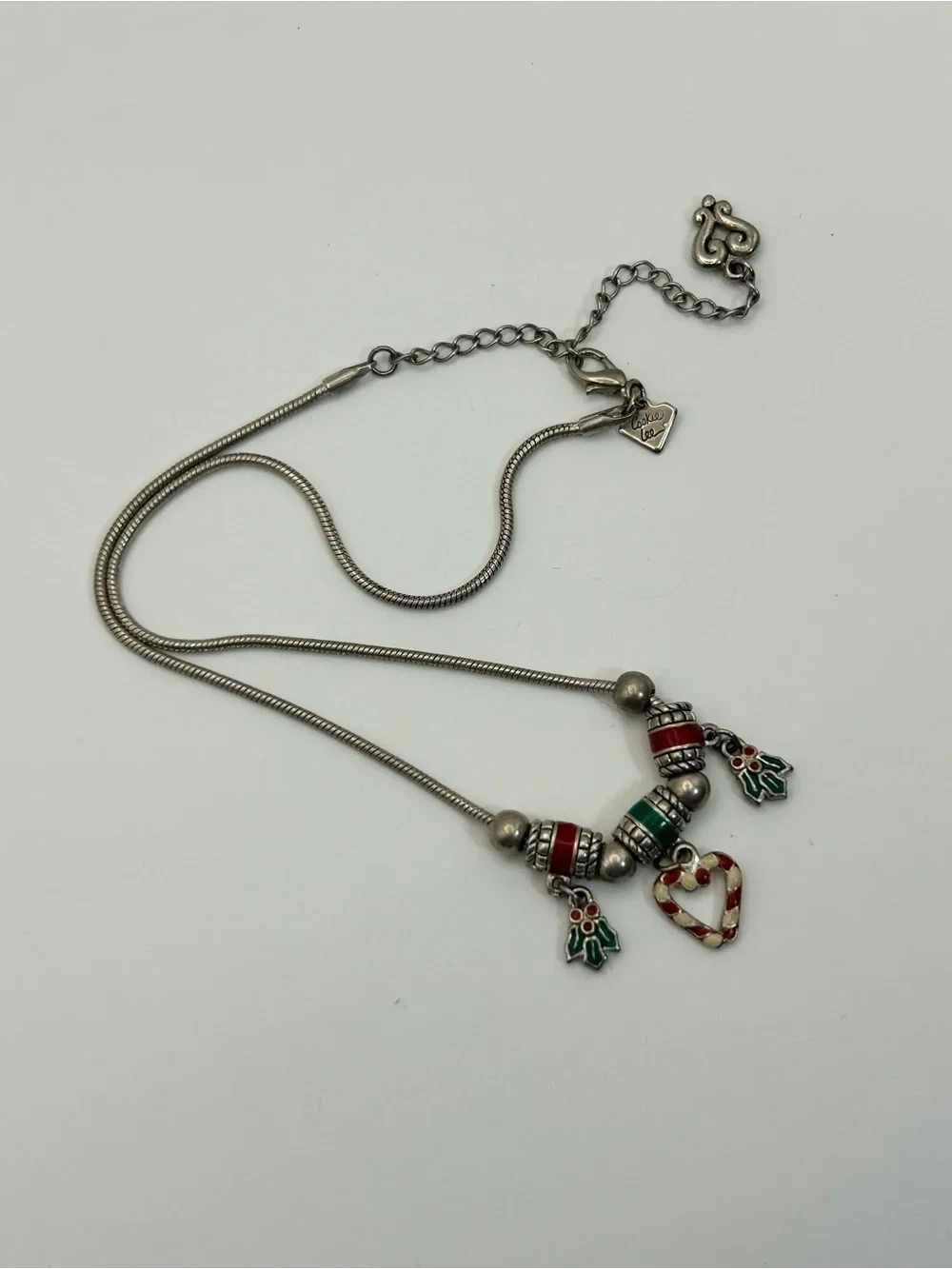Cookie Lee Holiday Charm Necklace Red Green Silver-Tone Candy Cane Heart 18″ VTG