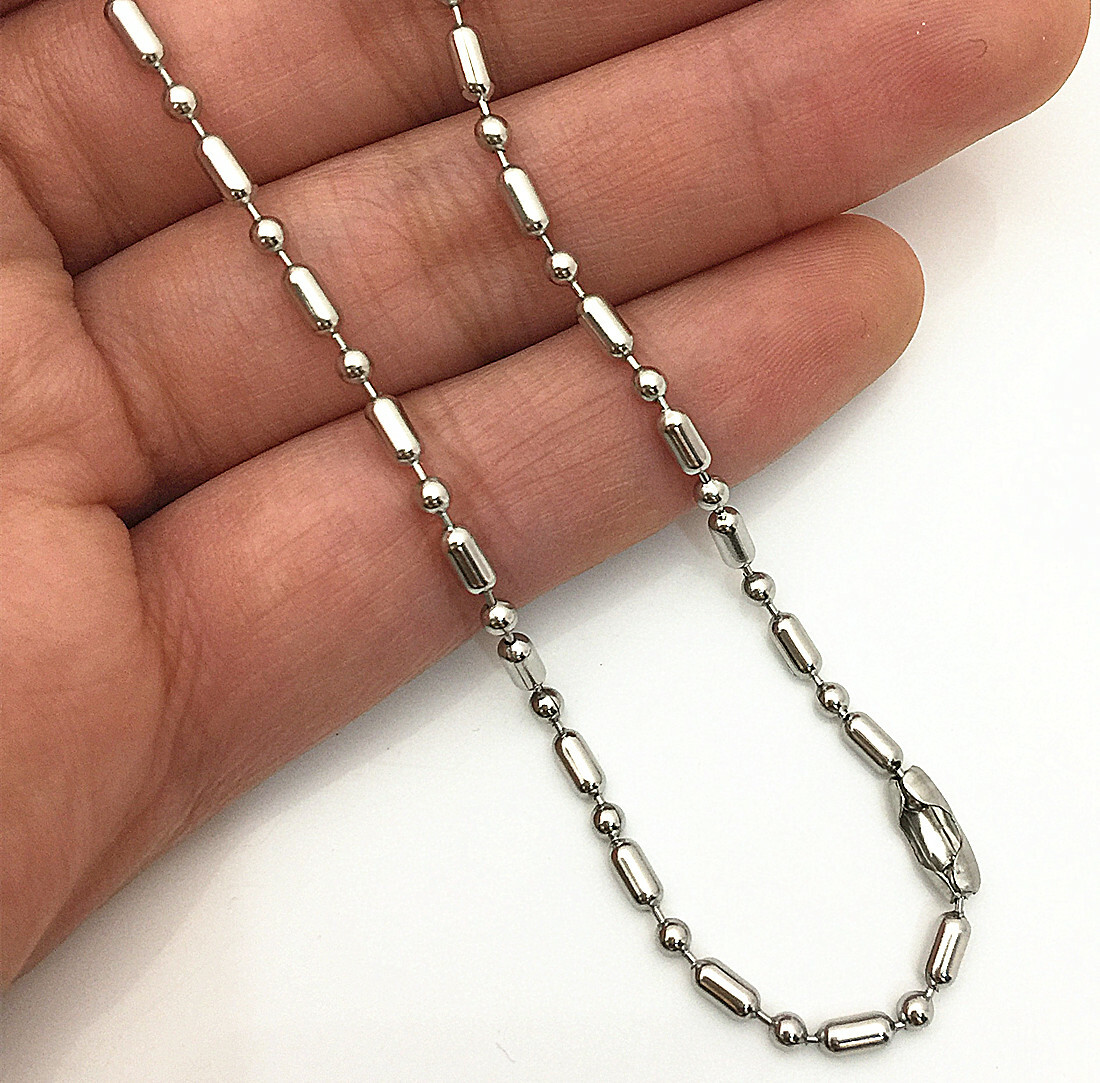 Silver Stainless Steel 2.4mm Ball Oval Beads Chain Necklace 20-32″