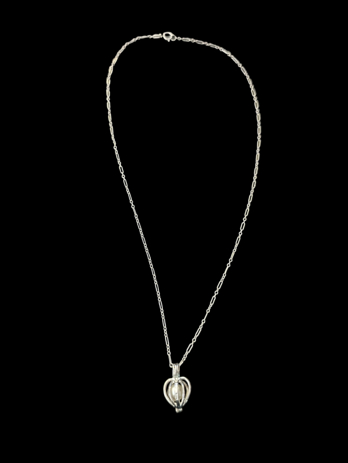 925 Sterling Rhodium Plated Caged Glass Pearl 21.3mm Pendant 17.5″ Chain