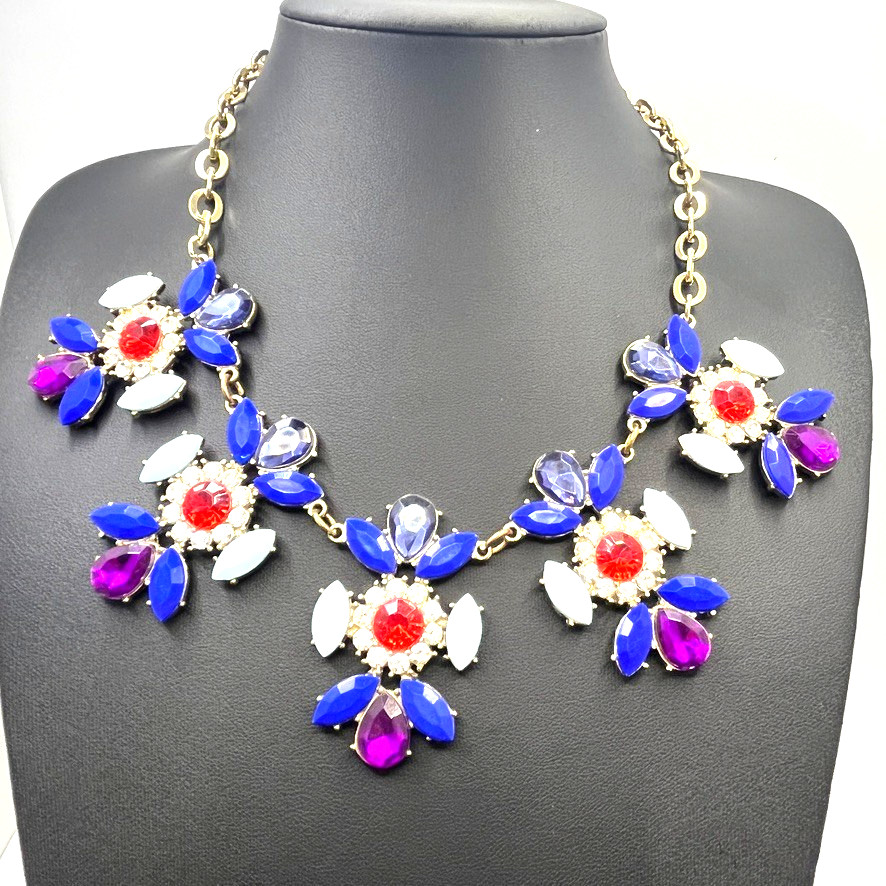 Vintage Colourful Statement Necklace Red Blue Purple Crystal 50cm Gold Tone