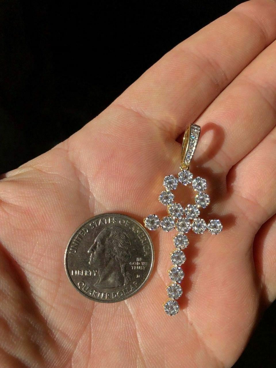 Simulated Diamonds Ankh Cross Tennis Pendant Real Solid 925 Sterling Silver Iced