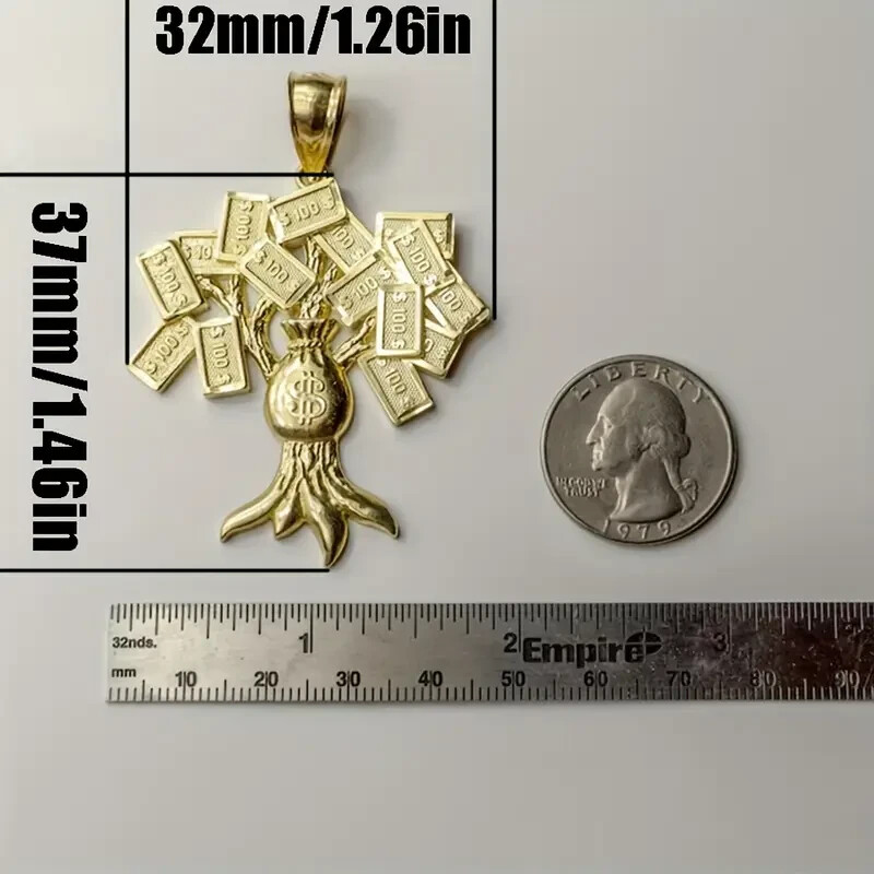 Brass Gold Plated $100 Money Tree Pendant & 3mm 24″ Rope Chain Hip Hop Necklace