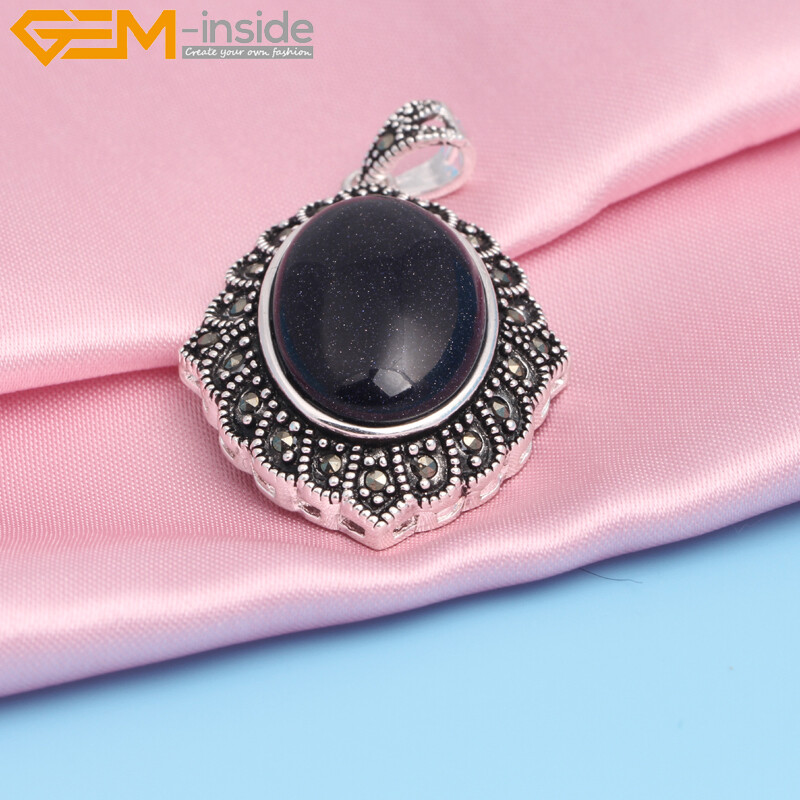 Silver Marcasite Tibetan Oval Turquoise Cat Eye Beads Jewelry Pendant Necklace