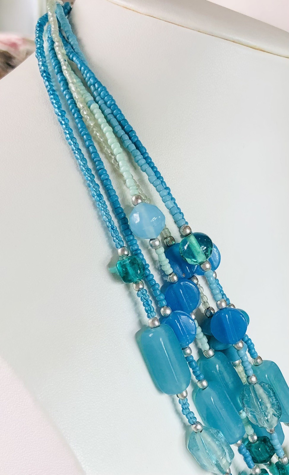 Multi Strand Blue & Green Glass Beaded Necklace
