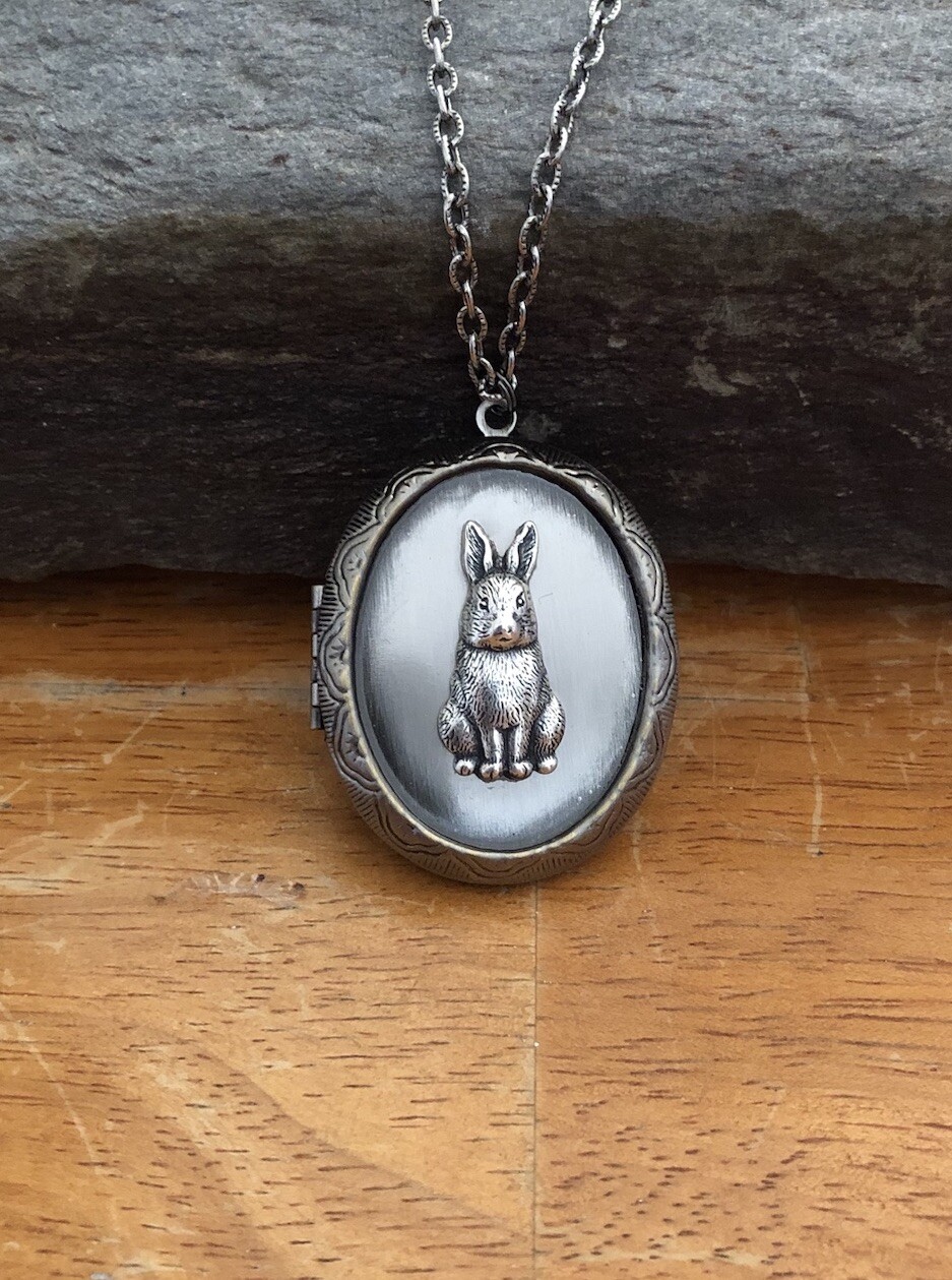 Bunny Rabbit Locket Necklace Antique Silver Victorian Photo Pendant