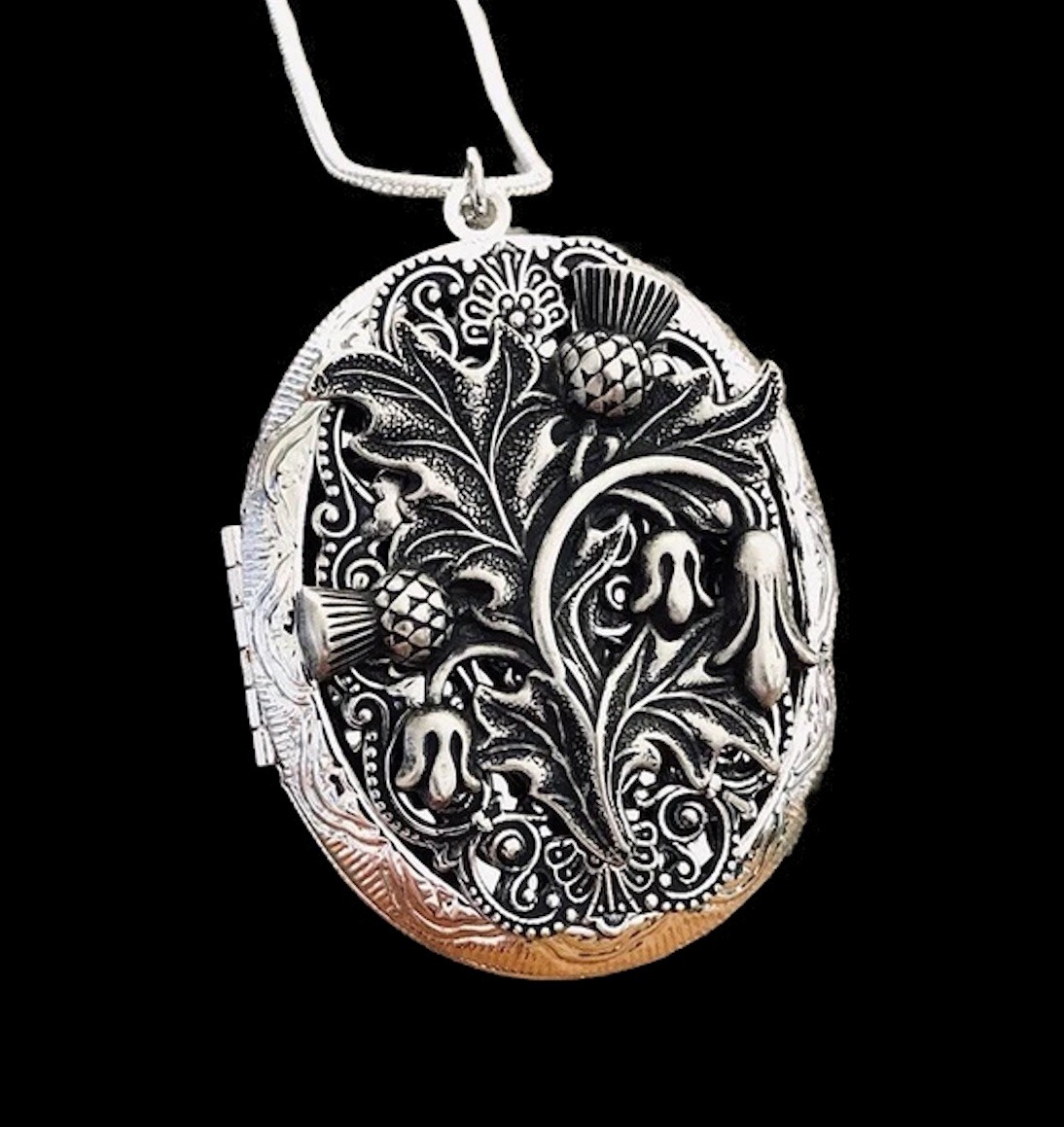 Thistle Locket Necklace Photo Pillbox Stash Pendant, 925 Sterling Silver Chain