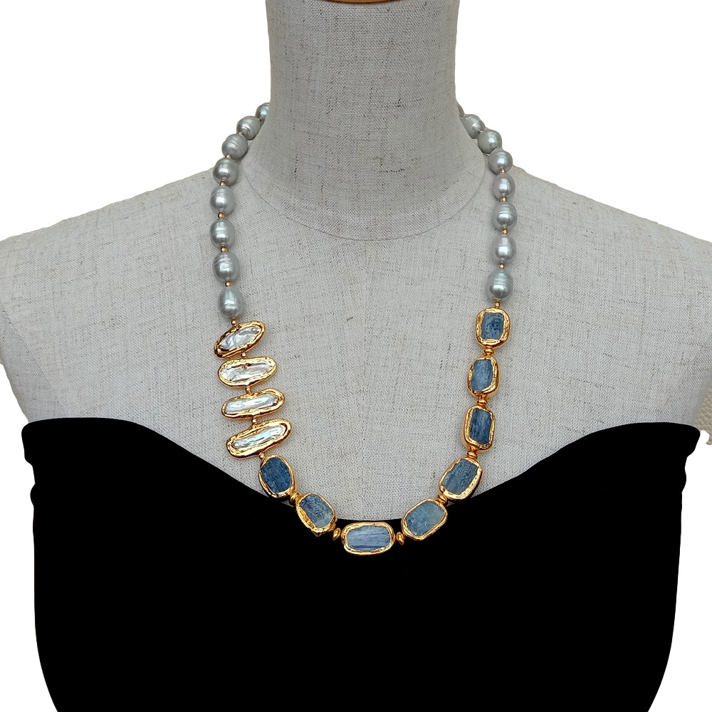 Freshwater Cultured Gray Rice Pearl White Biwa Pearl Blue Kyanite Necklace 23″