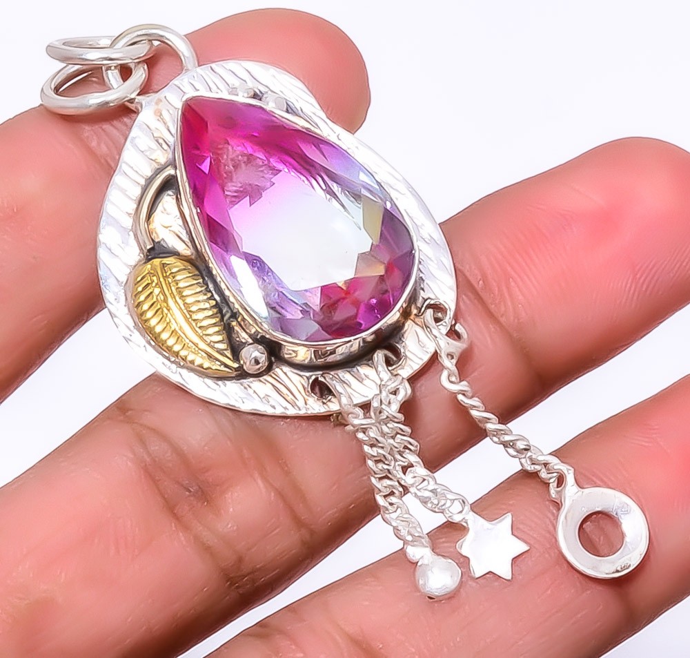 Bi Color Tourmaline 925 Silver Two Tone Leaf Pendant 2.54″ P10 Gift for her