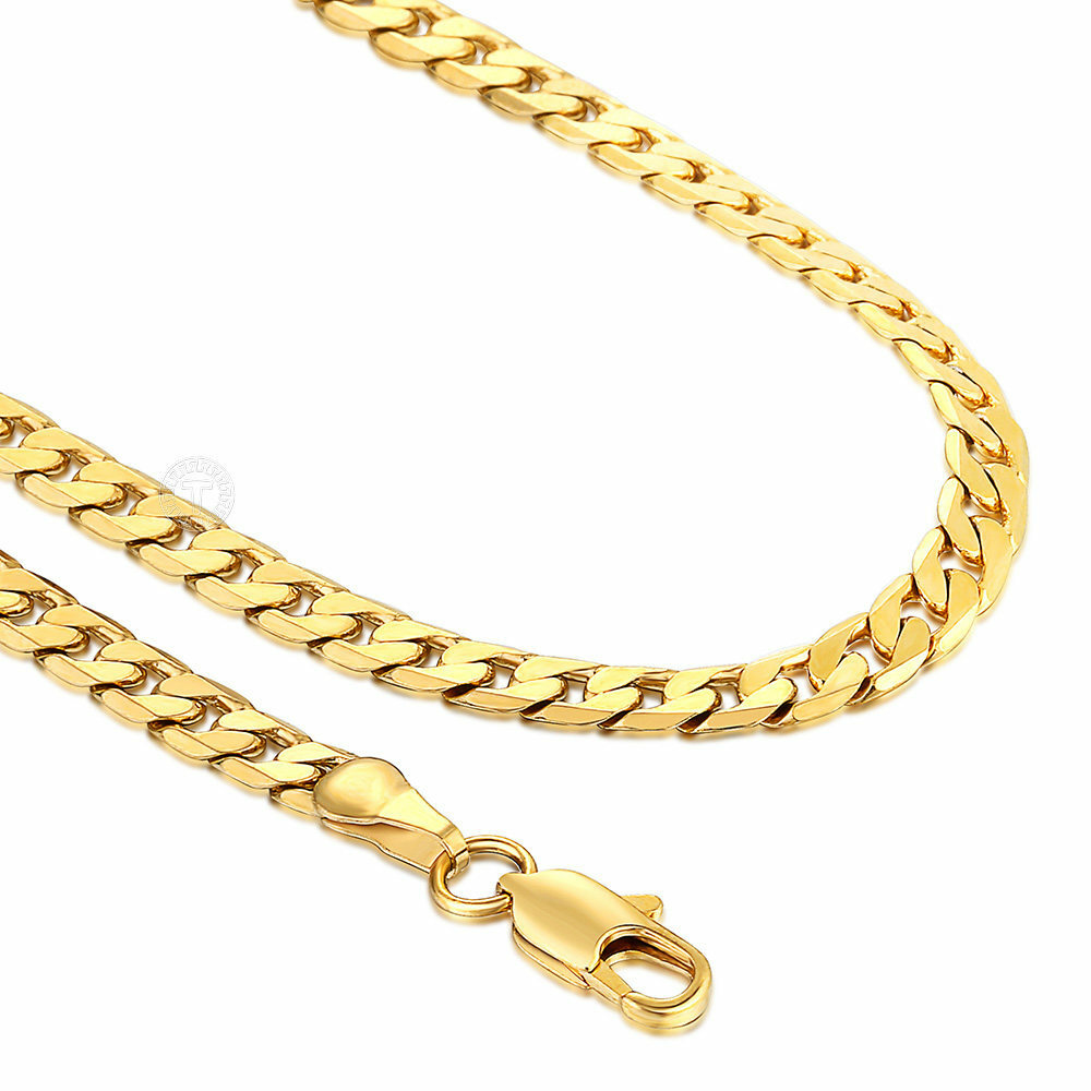 5mm Male/Female Chain Cut Flat Curb Cuban Link Yellow Gold Plated Necklace 18-24