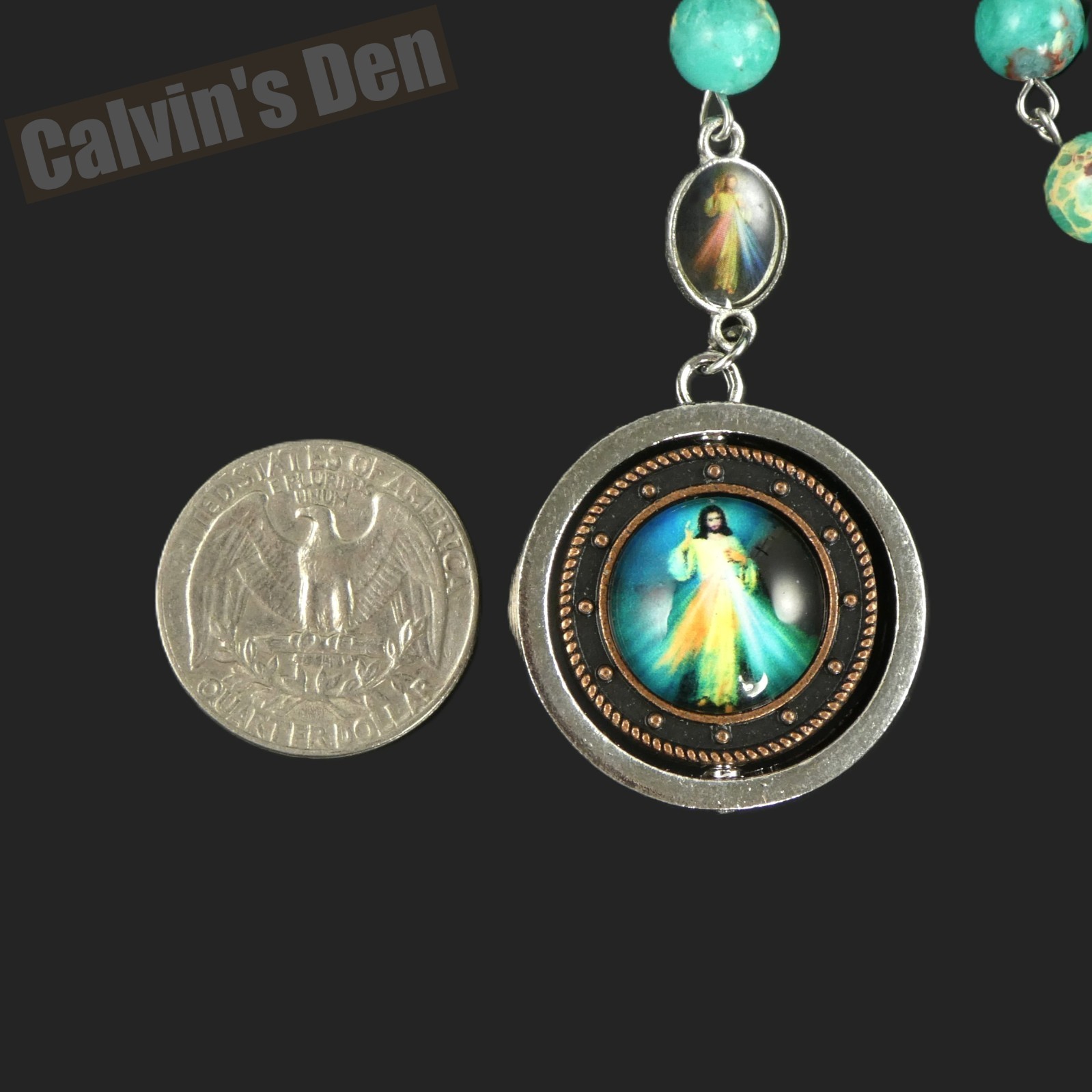 Green Snakeskin Jasper Bead Rosary Spinning Divine Mercy Madonna & Child Pendant