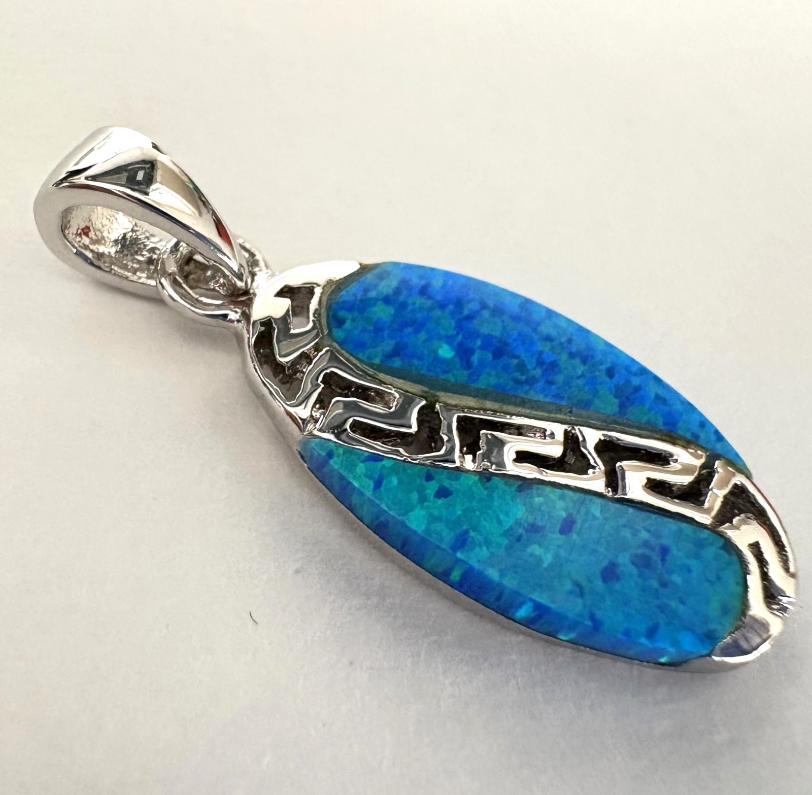 Sterling Silver Blue Fire Opal Surfboard Wave Pendant 925 Hawaiian Style Inlay