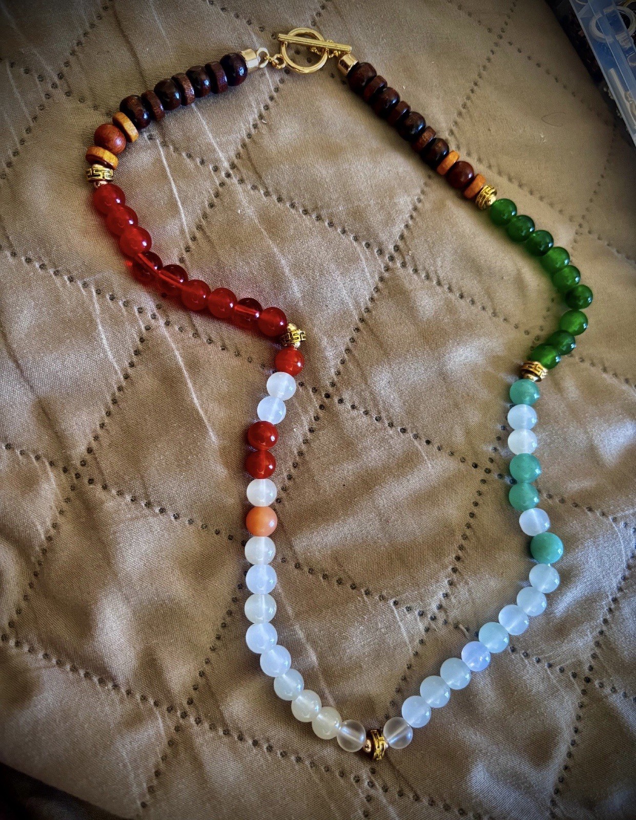 Latin Style beaded Necklace, natural Stone w/ Toggle Clasp.