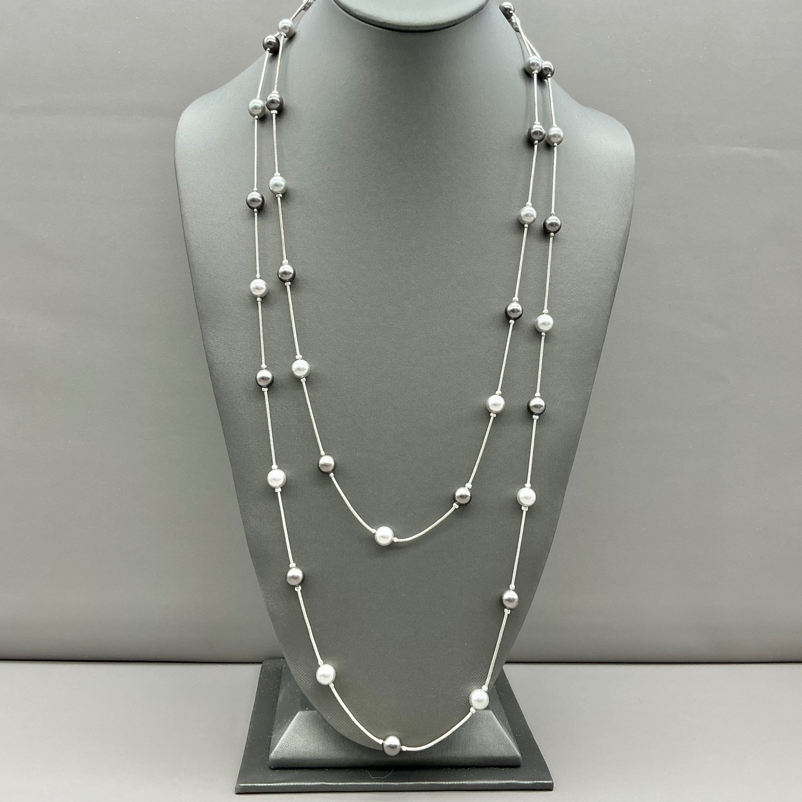 Roman Necklace Womens Silver Tone Pearl Station Snake Chain Double Strand 48″