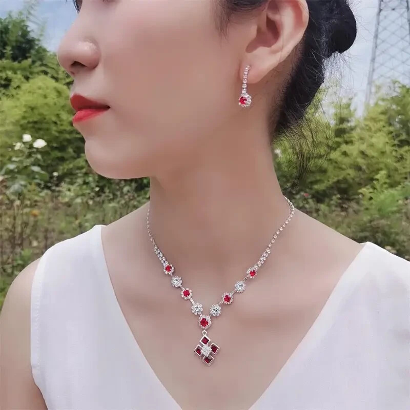 3pcs/ set Square zircon inlaid necklace earrings jewelry set