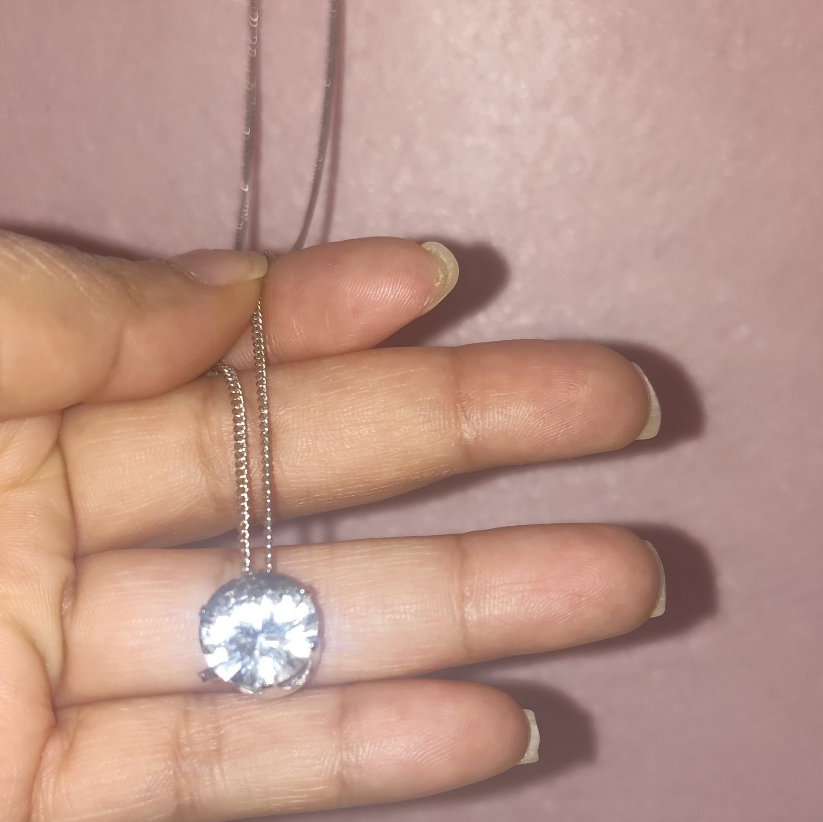 Silver Tone Box Chain Necklace Round Clear Crystal Solitaire Pendant Prong