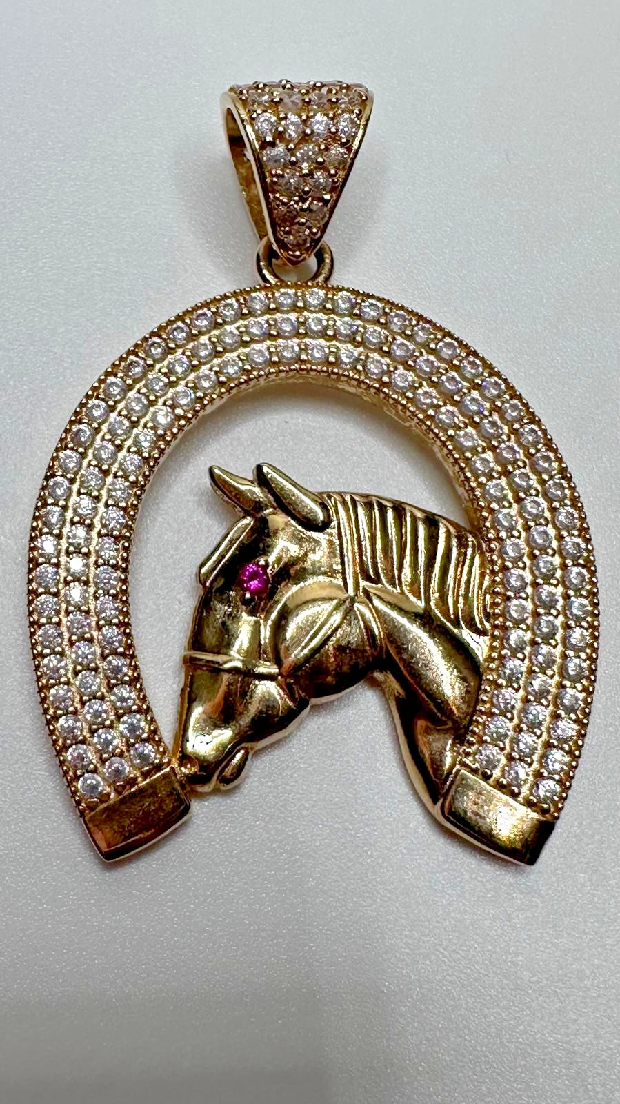 14K Yellow Gold Horseshoe Horse Head Pendant Cubic Zirconia/Ruby