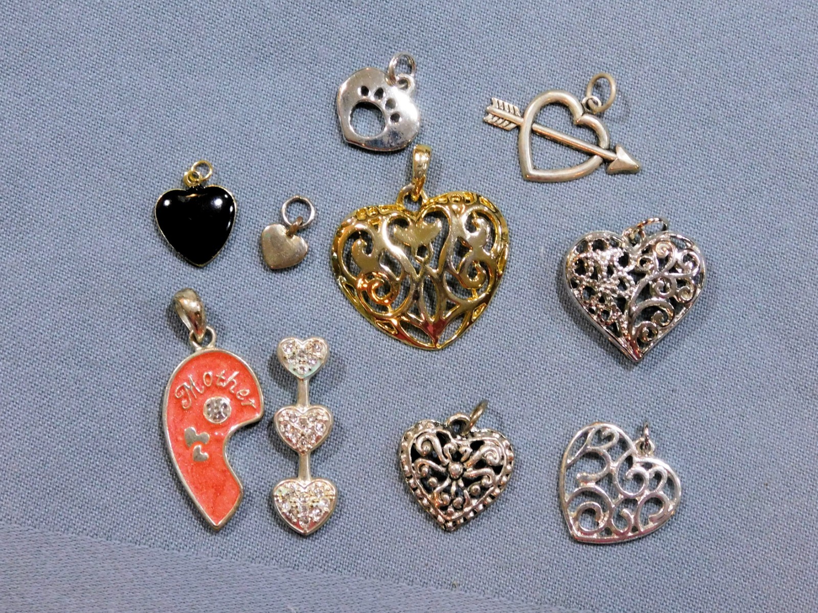 All Hearts Pendants LOT- TEN Pieces Many Styles Sizes Colors Mostly Modern FR SH