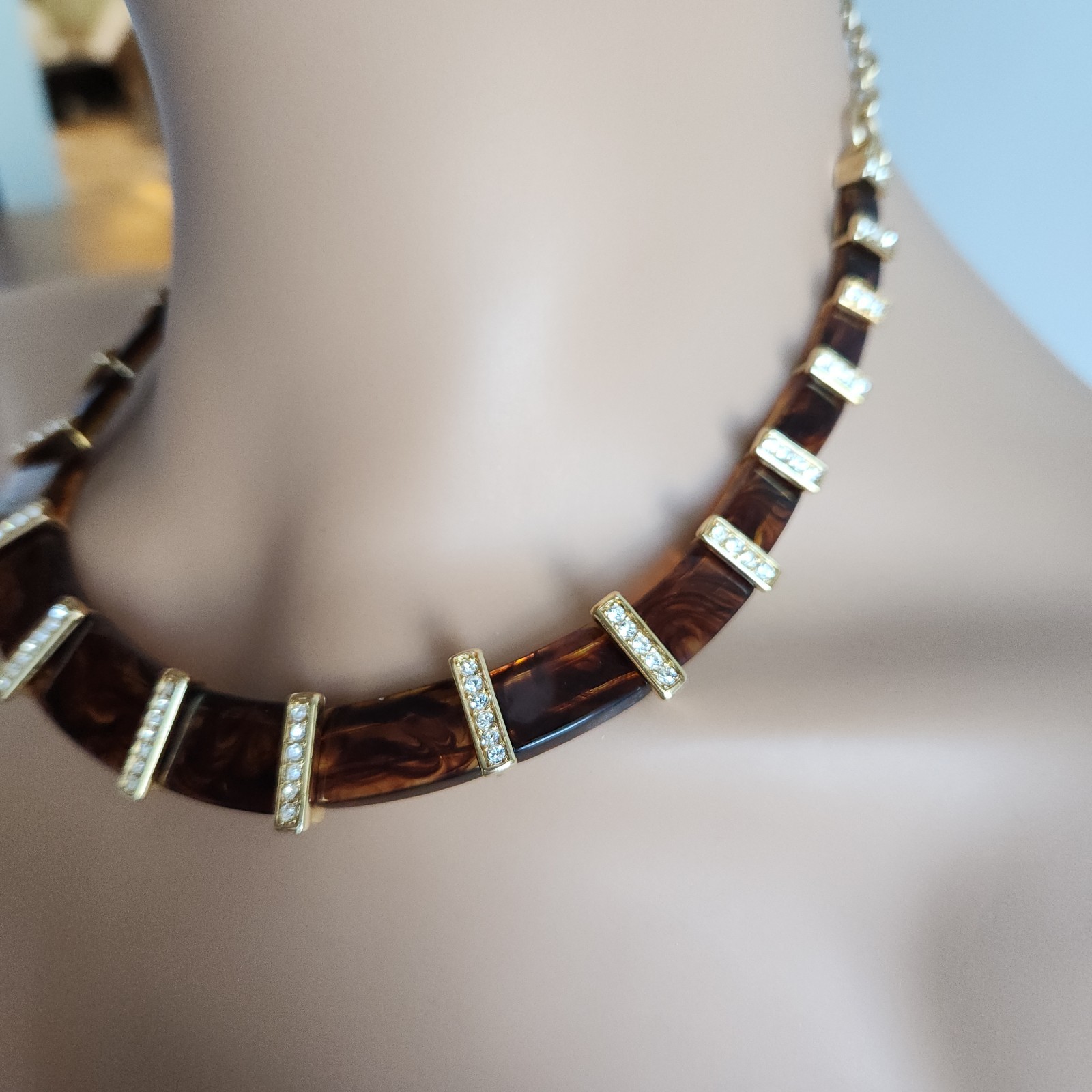 Lia Sophia Kian Lucite Rhinestone Choker Necklace Tortoise Collar