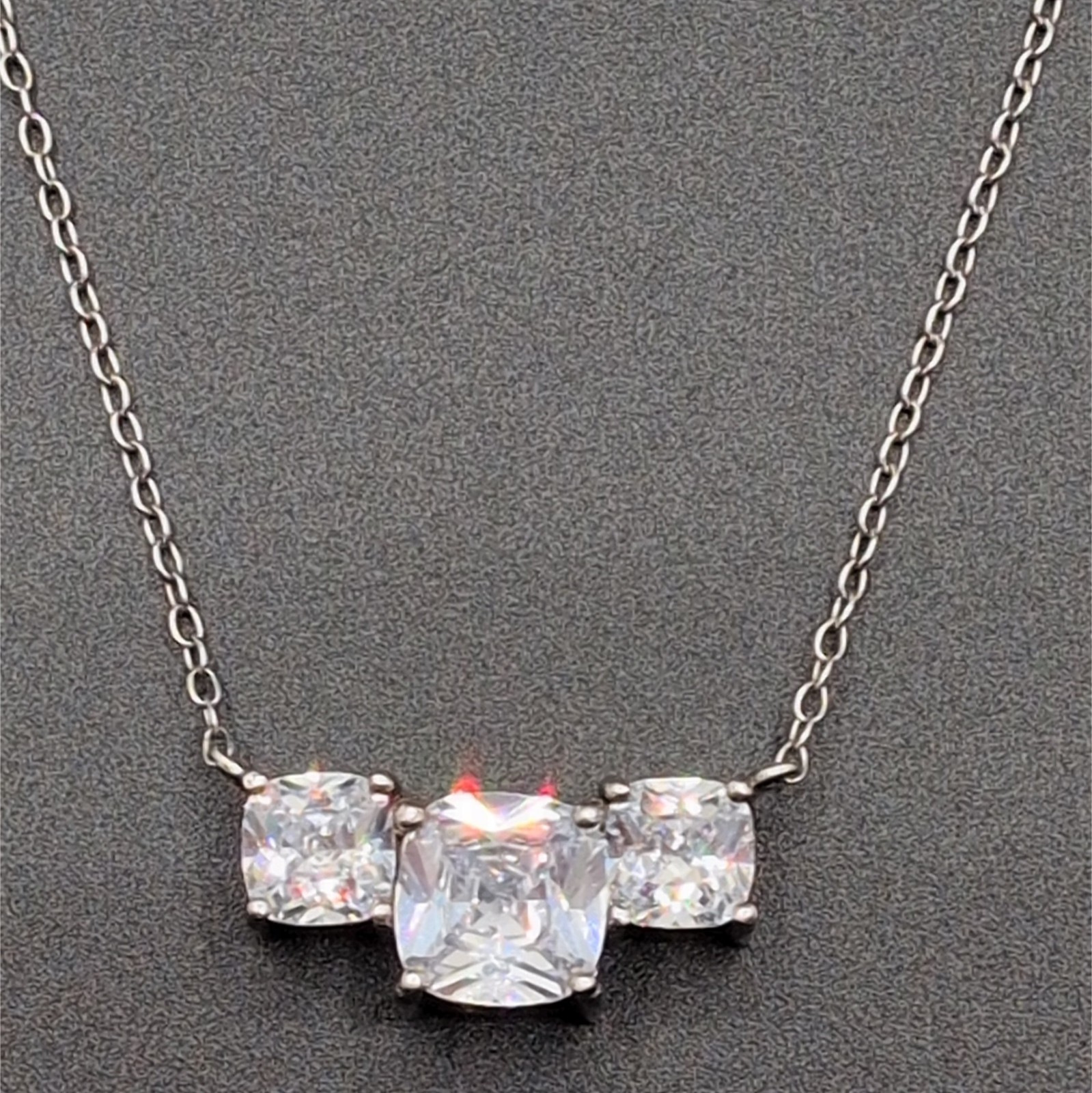 Necklace Three Triple Cushion Cut Clear Colorless Rhinestones 18.25″ 925 Silver