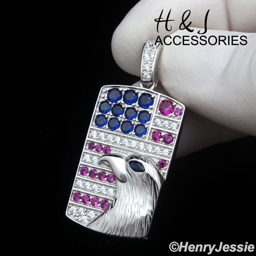 925 STERLING SILVER BLING CZ GOLD PLATED/SILVER 3D EAGLE DOG TAG PENDANT*ASP465