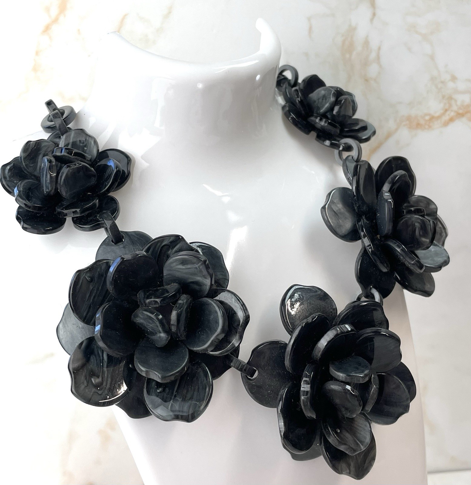 Statement Necklace Large Black Grey Marble Effect Acrylic Flowers