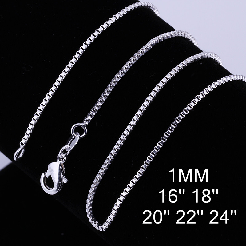 925 Sterling Solid Silver 1MM/1.5MM/2MM Box Chain Necklace For Women 16-24″