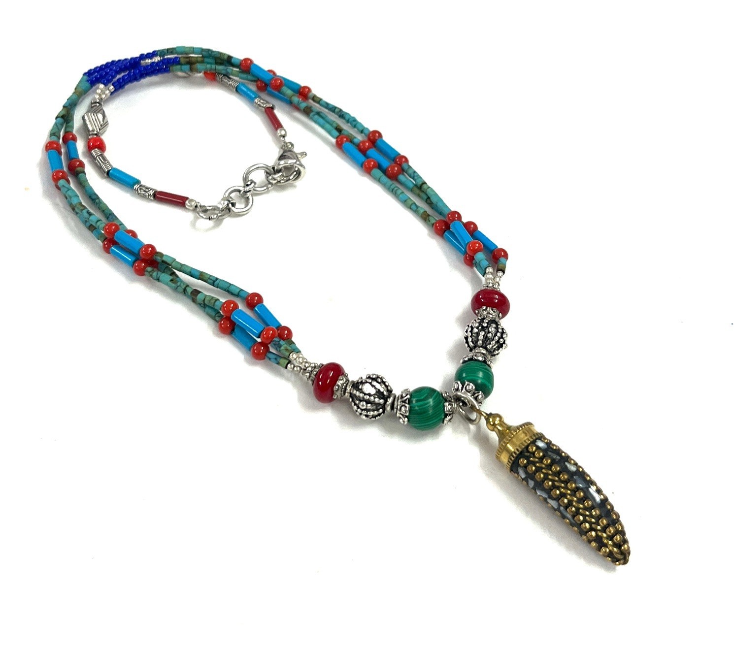 Turquoise Red Coral Gemstone Tibetan Bohemian Necklace Jewelry, 17 inch Adju